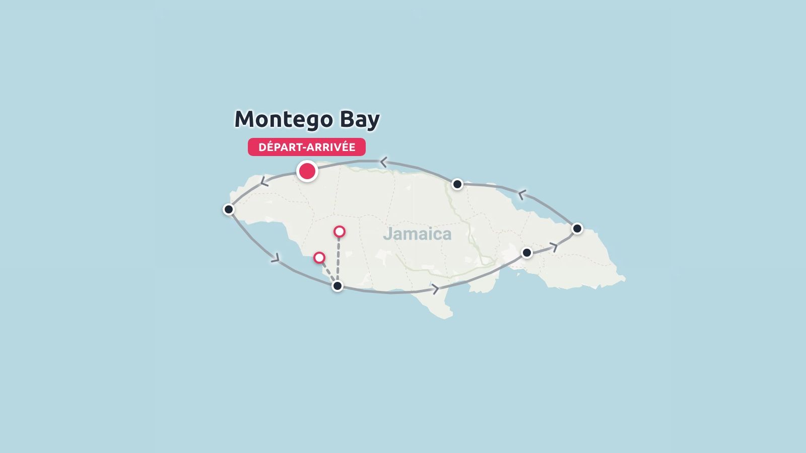 Une carte d'itinéraire de voyage en Jamaïque montrant une boucle d'itinéraire commençant et se terminant à Montego Bay.
