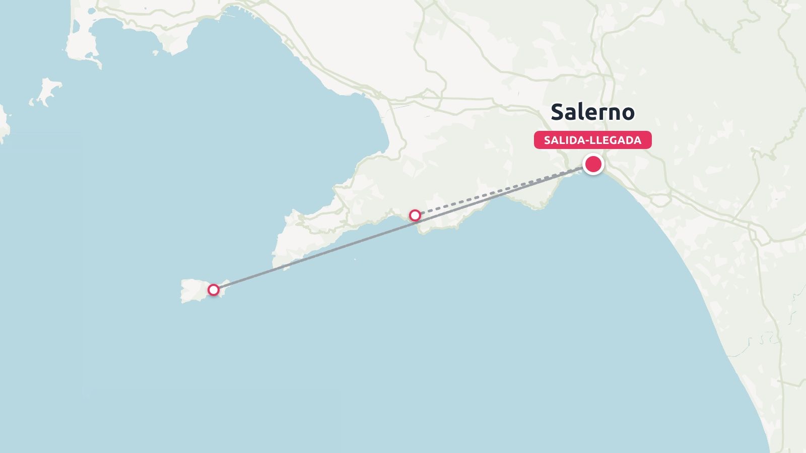 Un mapa de ruta de viaje que muestra puntos de referencia a lo largo de la costa con inicio y fin en Salerno.