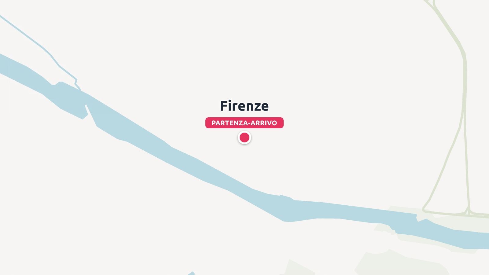 Una mappa di viaggio minimalista che indica Firenze come luogo di partenza e arrivo vicino a un fiume