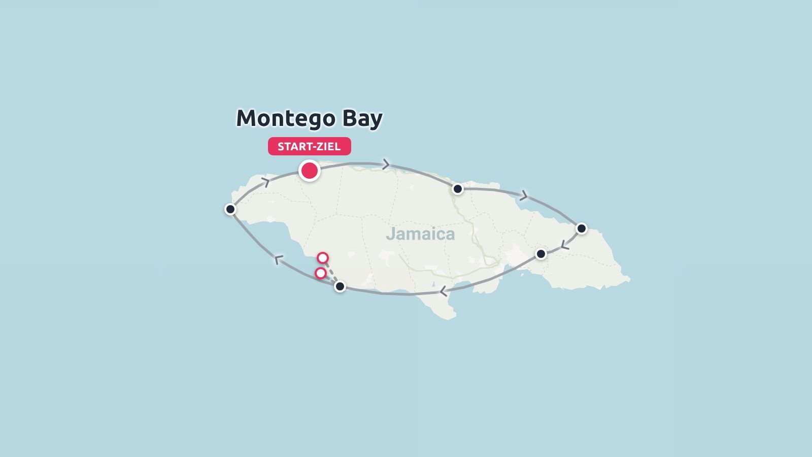 Reiseroute von Jamaika mit einer Rundreise, die in Montego Bay beginnt und endet.