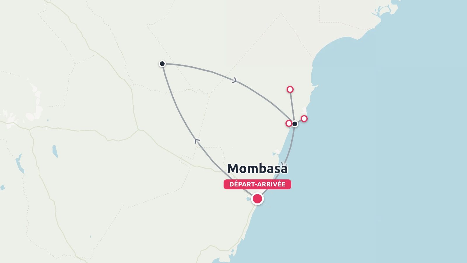 Carte d'itinéraire de voyage montrant un circuit en boucle avec des arrêts marqués commençant et se terminant à Mombasa.