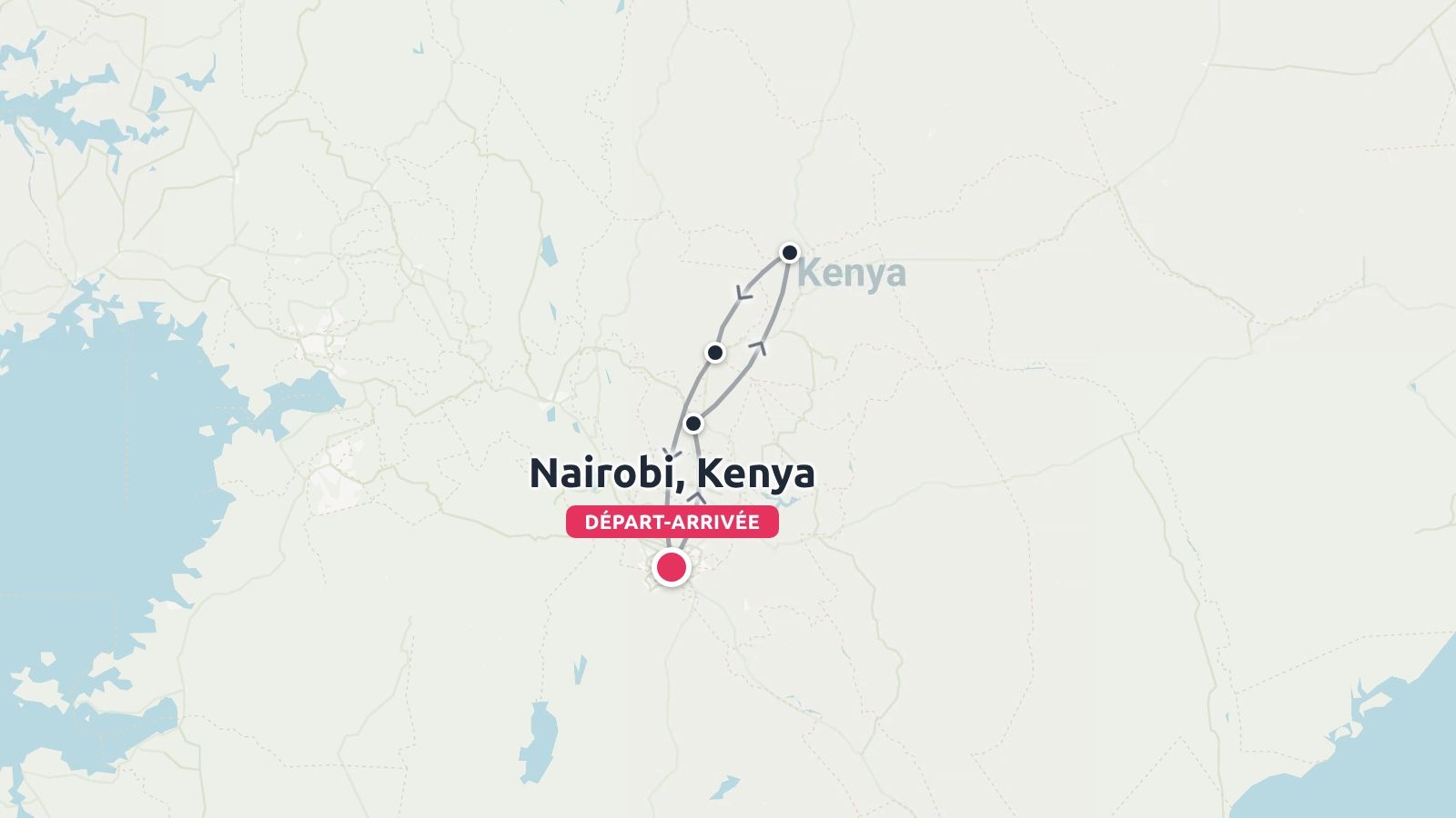 Carte de l'itinéraire de voyage montrant une boucle de départ et d'arrivée à Nairobi, au Kenya.