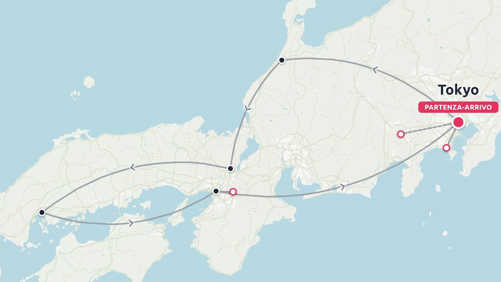 Mappa dell'itinerario di viaggio in Giappone con un percorso che inizia e finisce a Tokyo e prevede tappe nell'isola principale