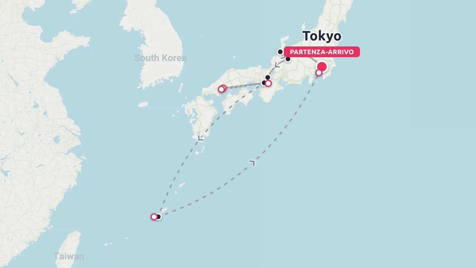Mappa dell'itinerario di viaggio in Giappone che mostra un percorso tra Tokyo, tappe regionali e Okinawa con rotte di volo tratteggiate