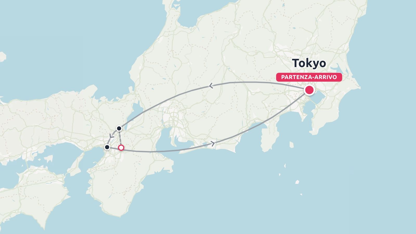 Una mappa dell'itinerario di viaggio in Giappone che mostra un percorso circolare con partenza e arrivo a Tokyo