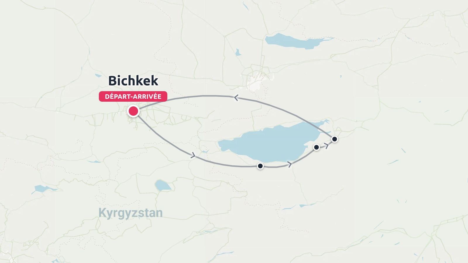 Une carte d'itinéraire de voyage du Kirghizistan montrant un itinéraire circulaire commençant et se terminant à Bichkek autour du lac Issyk-Koul
