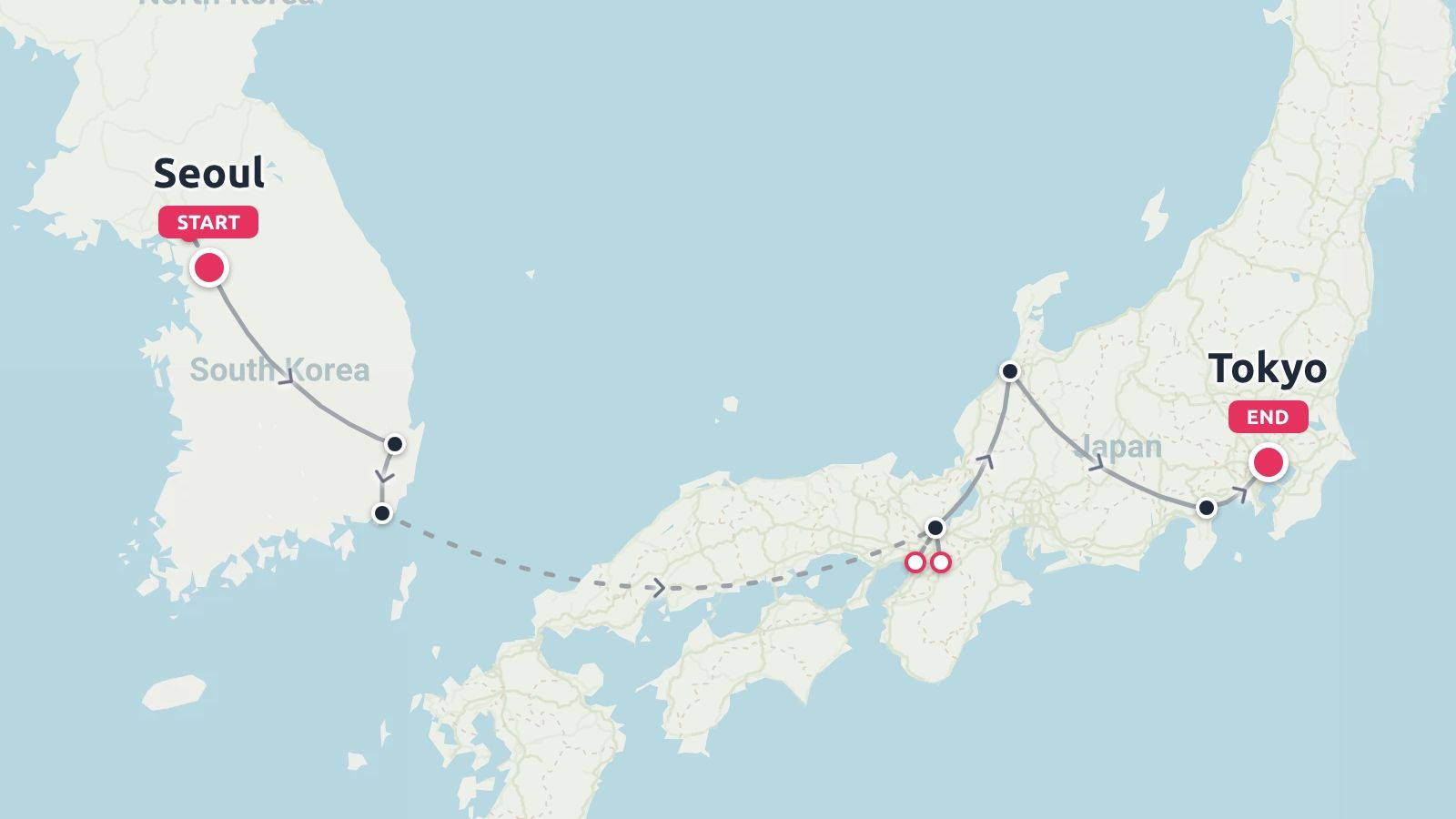 A travel route map showing an itinerary starting in Seoul, South Korea and ending in Tokyo, Japan.