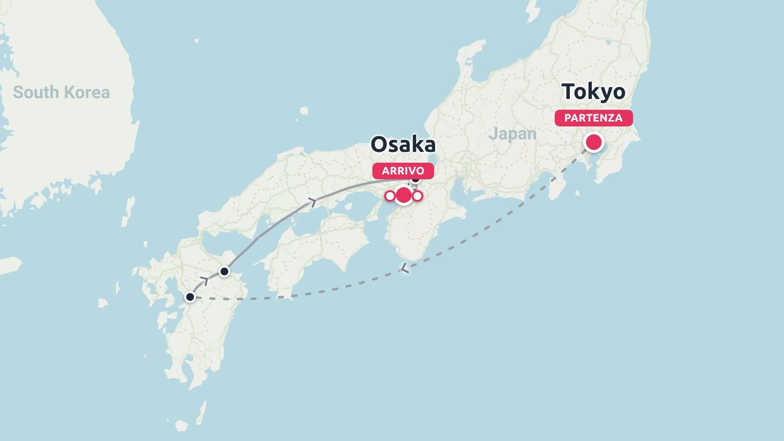 Mappa dell'itinerario di viaggio in Giappone con partenza da Tokyo, visita alle regioni meridionali e arrivo a Osaka