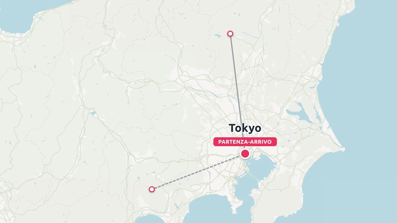 Una mappa dell'itinerario di viaggio che mostra i punti di partenza e arrivo a Tokyo, in Giappone, collegati alle destinazioni circostanti.