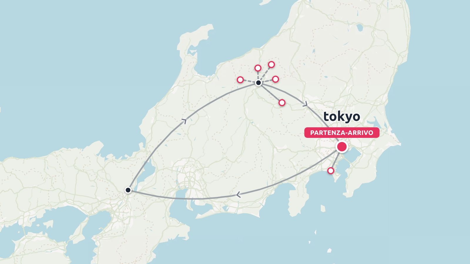 Mappa dell'itinerario di viaggio in Giappone con un percorso circolare con partenza e arrivo a Tokyo.