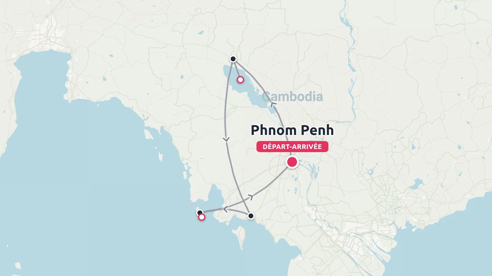 Carte d'itinéraire de voyage au Cambodge avec un parcours circulaire commençant et se terminant à Phnom Penh