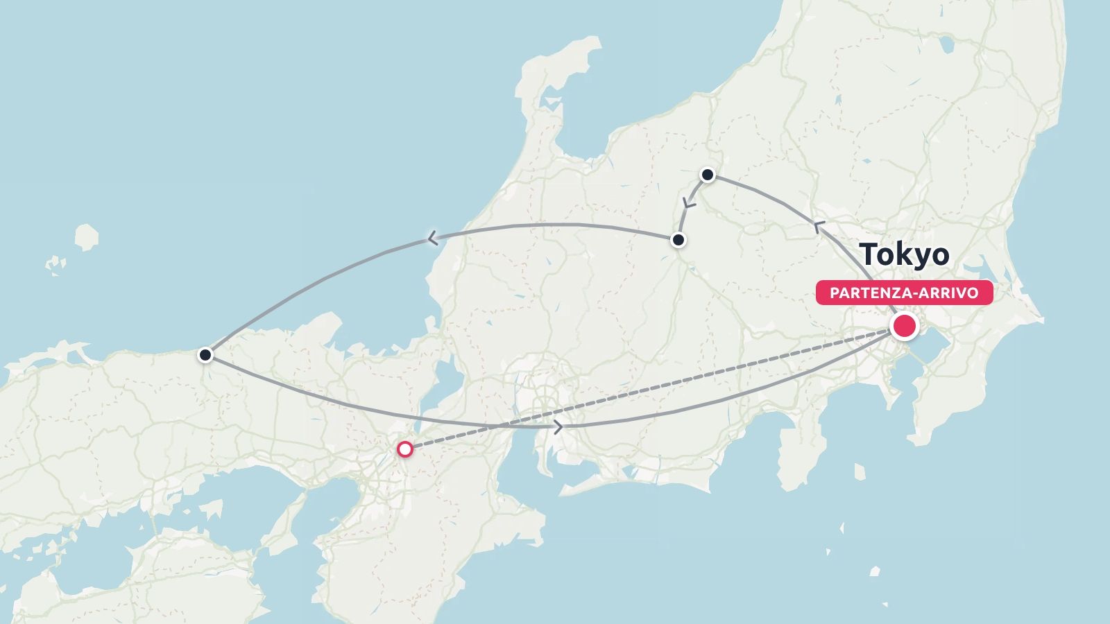 Una mappa dell'itinerario di viaggio in Giappone che mostra un percorso con tappe con partenza e arrivo a Tokyo.