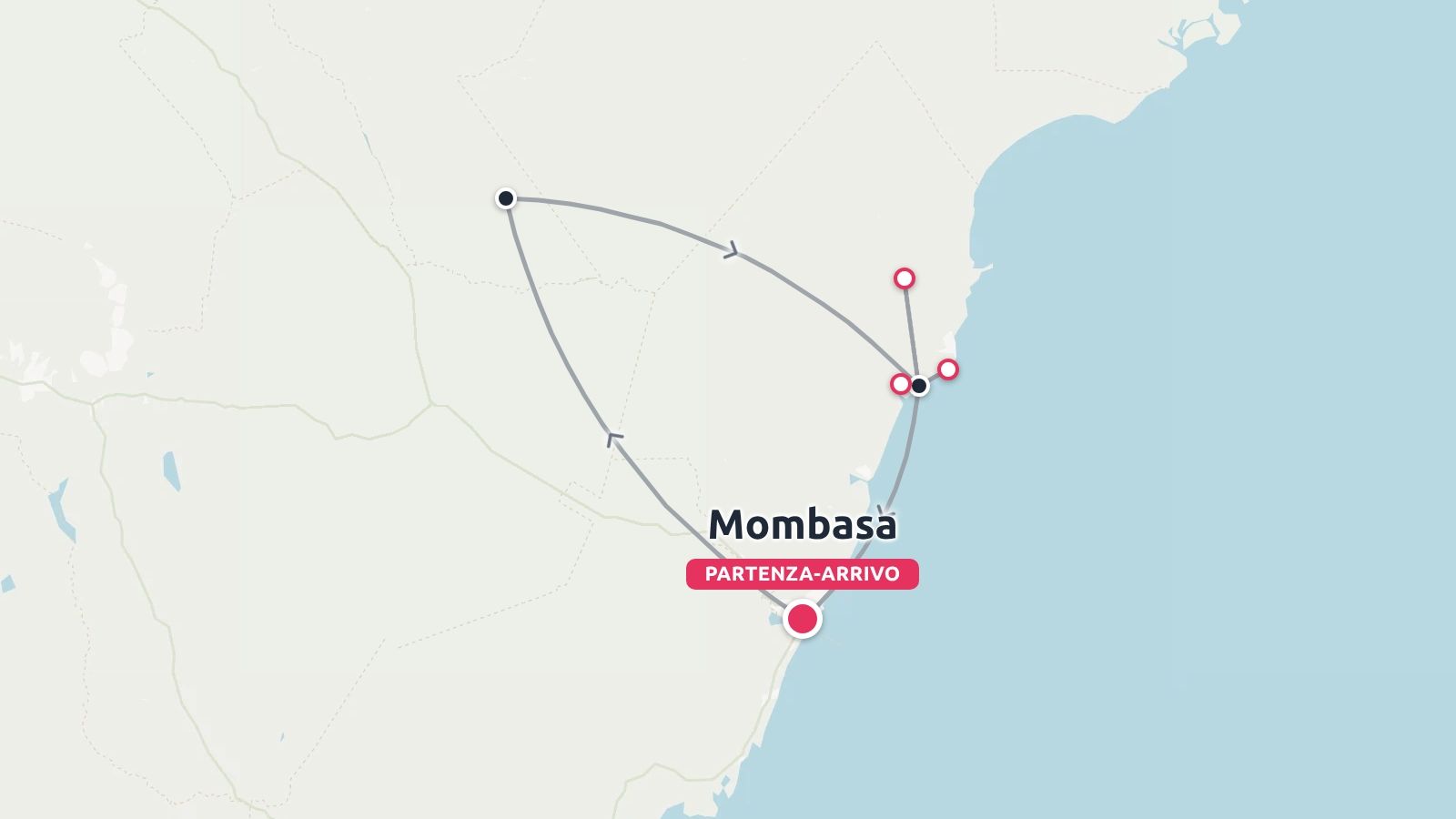 Una mappa del percorso di viaggio che mostra un itinerario ad anello con punti di partenza e arrivo a Mombasa