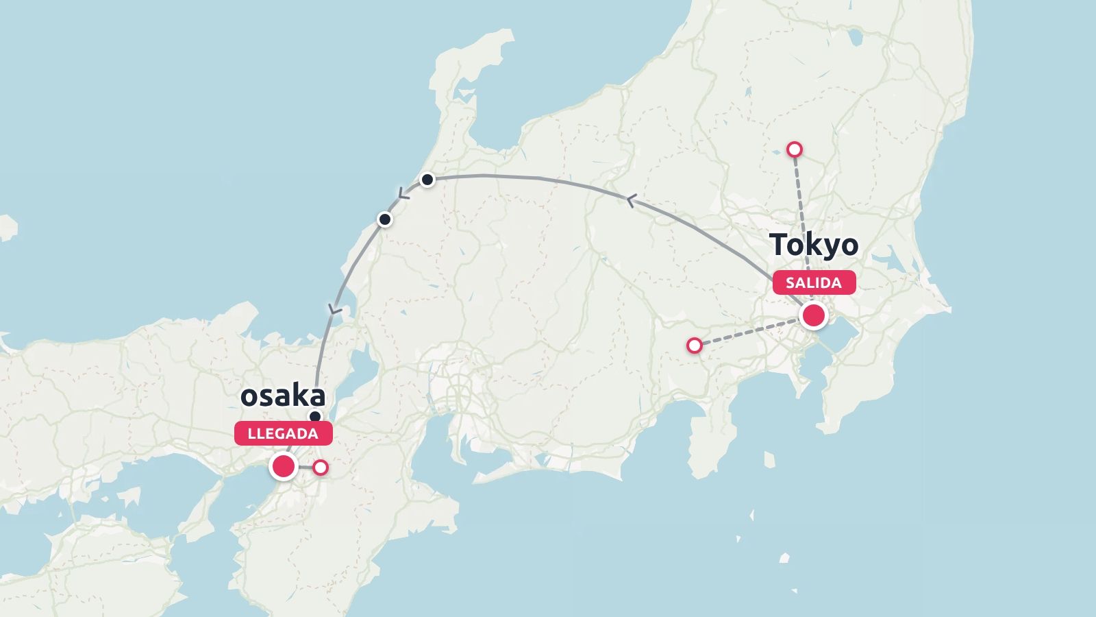 Un mapa de ruta de viaje por Japón que traza un viaje que comienza en Tokio y termina en Osaka.