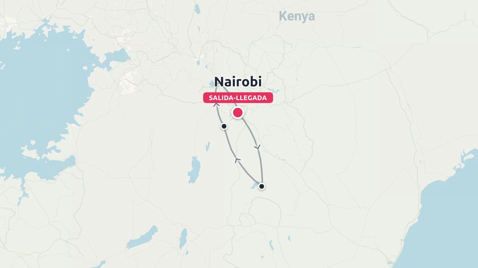 Un mapa de ruta de viaje de Kenia que muestra un itinerario circular que empieza y termina en Nairobi