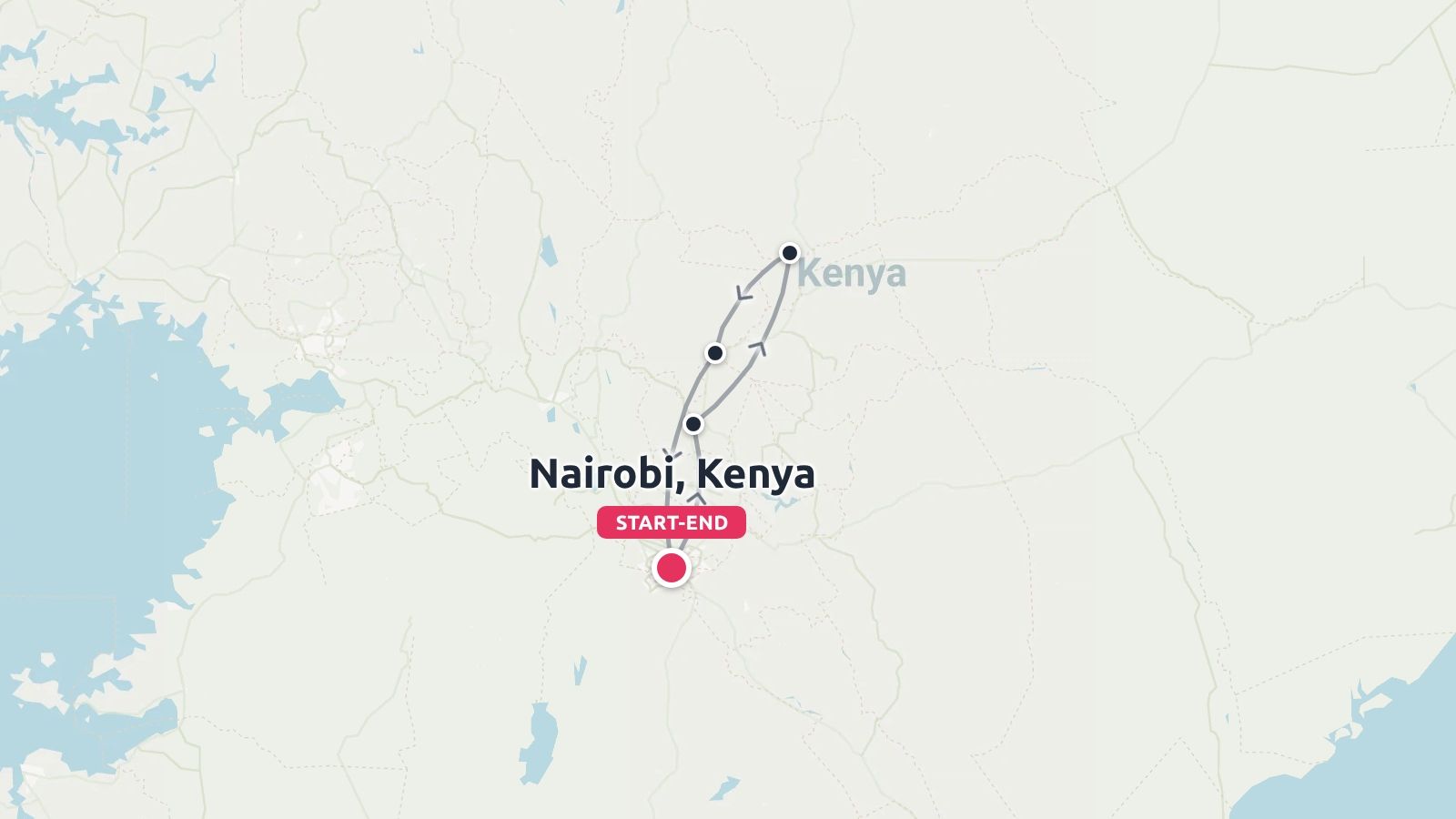 A travel route map of Kenya showing a circular journey starting and ending in Nairobi.