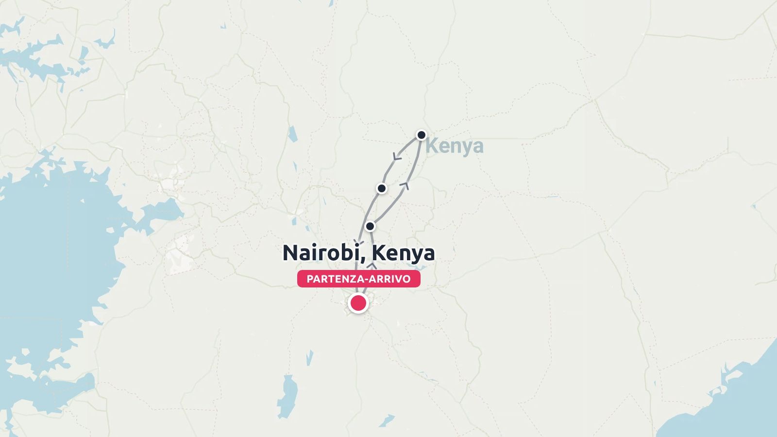 Una mappa del percorso di viaggio che mostra un itinerario ad anello con partenza e arrivo a Nairobi, in Kenya.