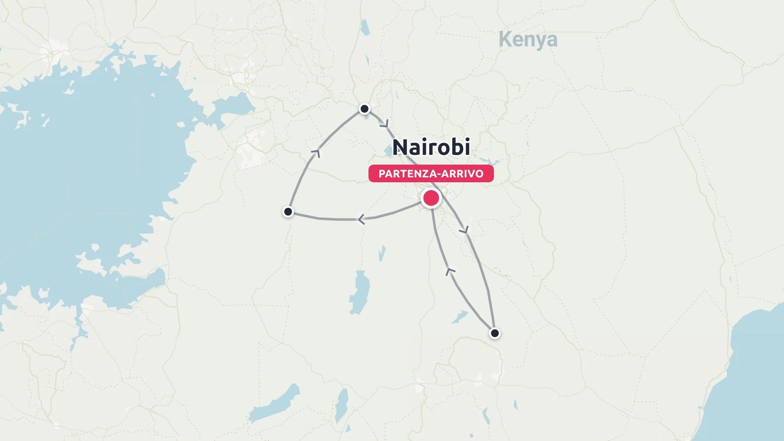 Mappa dell'itinerario di viaggio in Kenya con un percorso a più tappe con partenza e arrivo a Nairobi.