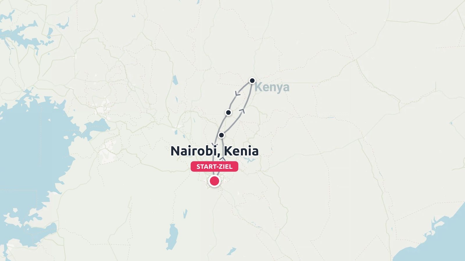 Reiseroute von Kenia mit einer Rundreise ab und bis Nairobi.