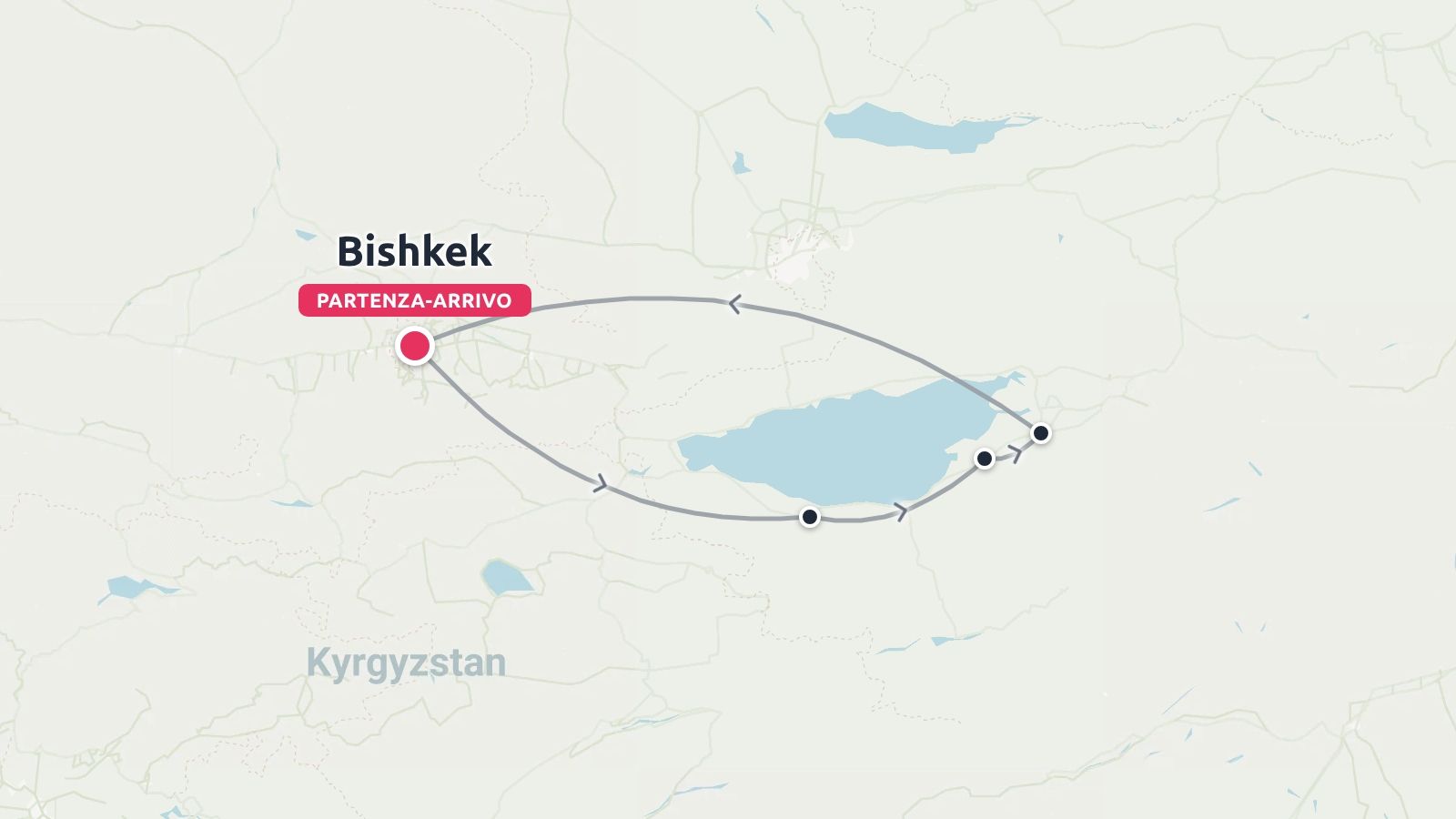 Mappa dell'itinerario di viaggio del Kirghizistan che mostra un percorso circolare con partenza e arrivo a Bishkek attorno a un lago centrale.