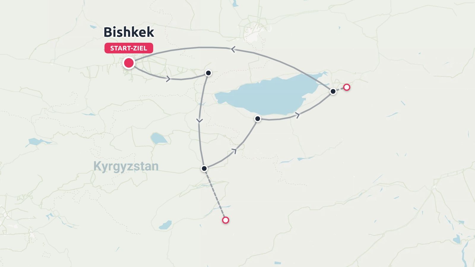 Reiseroute von Kirgistan mit einer Rundreise, die in Bischkek beginnt und endet.