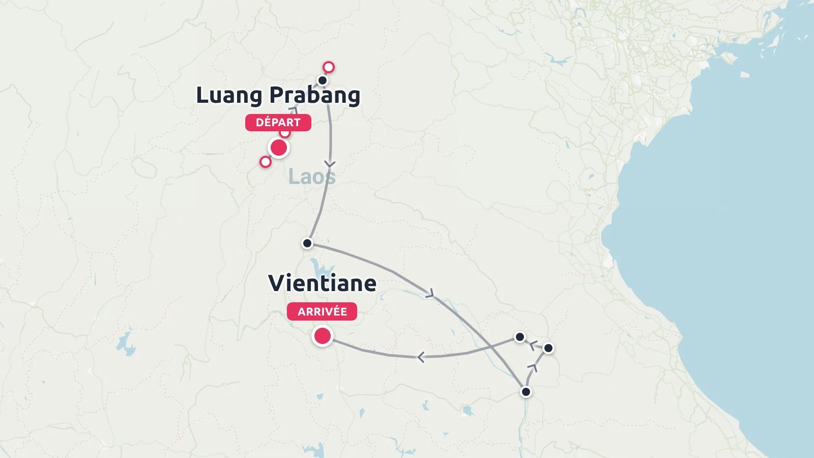 Carte de l'itinéraire de voyage au Laos montrant un parcours commençant à Luang Prabang et se terminant à Vientiane