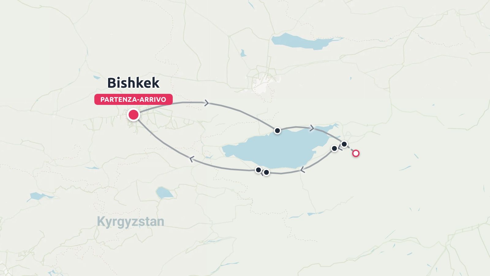 Mappa dell'itinerario di viaggio in Kirghizistan che mostra un percorso circolare con partenza e arrivo a Bishkek attorno a un grande lago