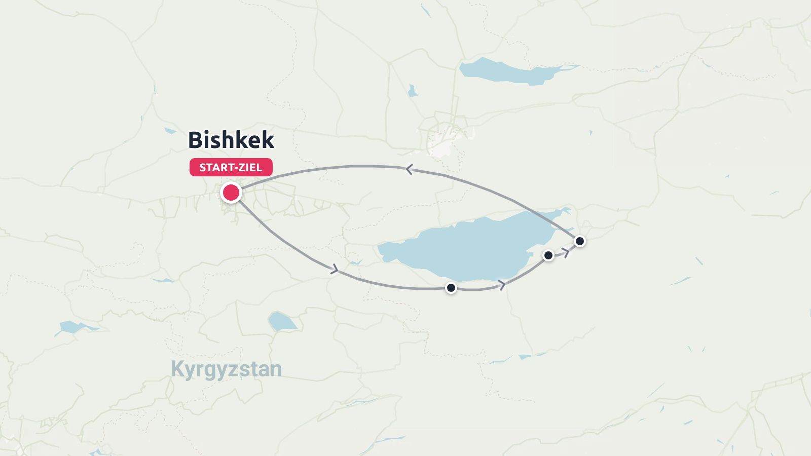 Eine Reiseroute durch Kirgisistan mit einer Rundreise, die in Bischkek beginnt und endet.