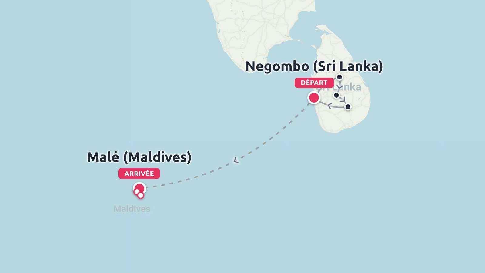 Carte de voyage montrant un itinéraire commençant à Negombo, au Sri Lanka, et se terminant à Malé, aux Maldives.