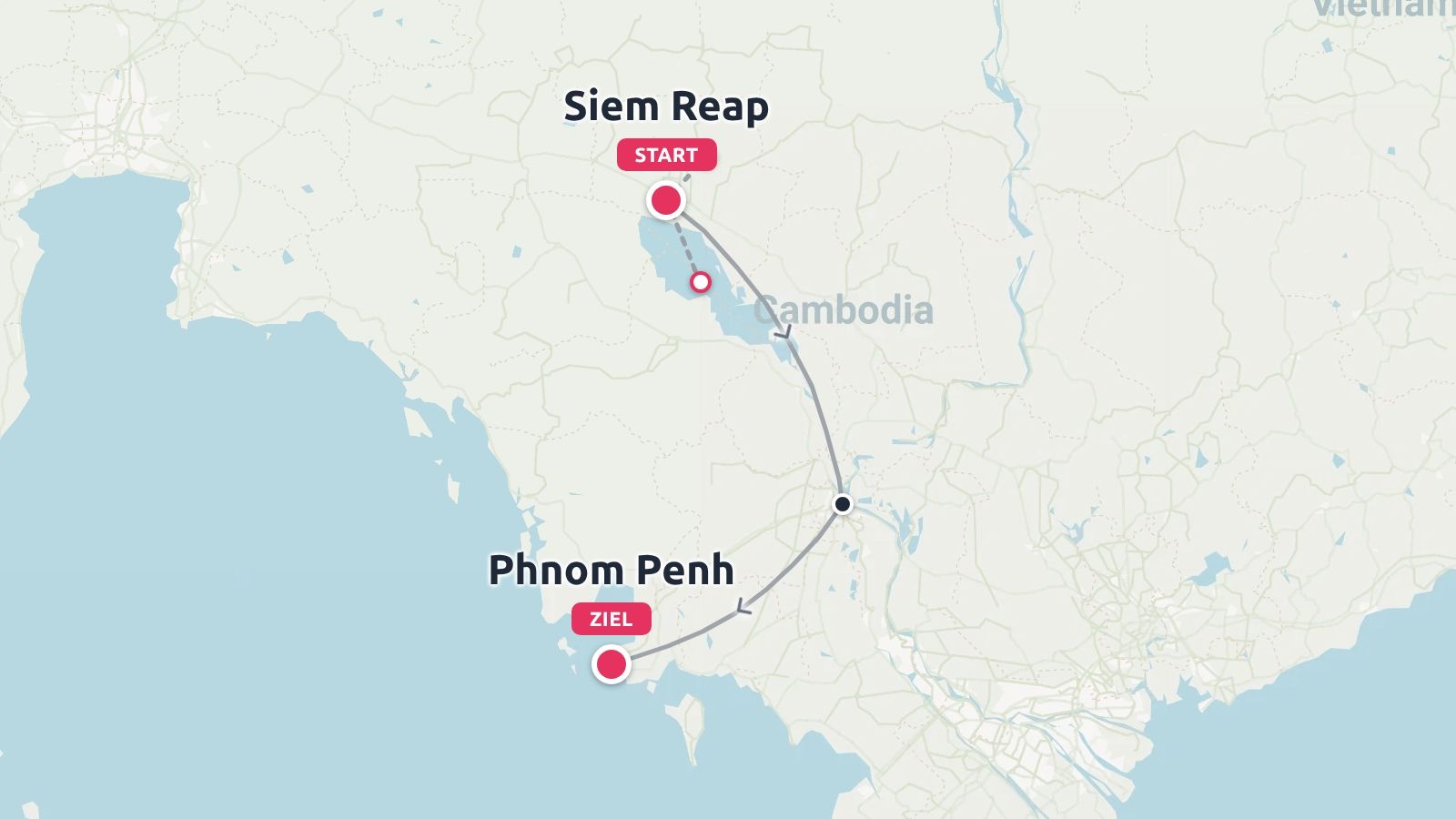 Eine Reiseroute für Kambodscha, die in Siem Reap beginnt und in Phnom Penh endet.