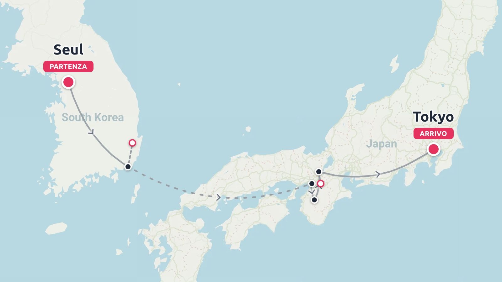 Mappa dell'itinerario di viaggio che mostra un percorso che inizia a Seul, in Corea del Sud, passa in Giappone e termina a Tokyo.