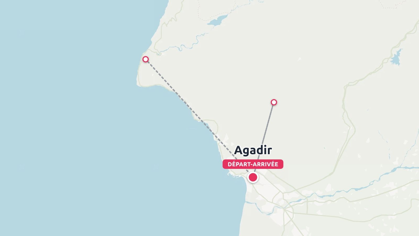 Carte de l'itinéraire de voyage le long de la côte marocaine avec les points de départ et d'arrivée indiqués près d'Agadir.