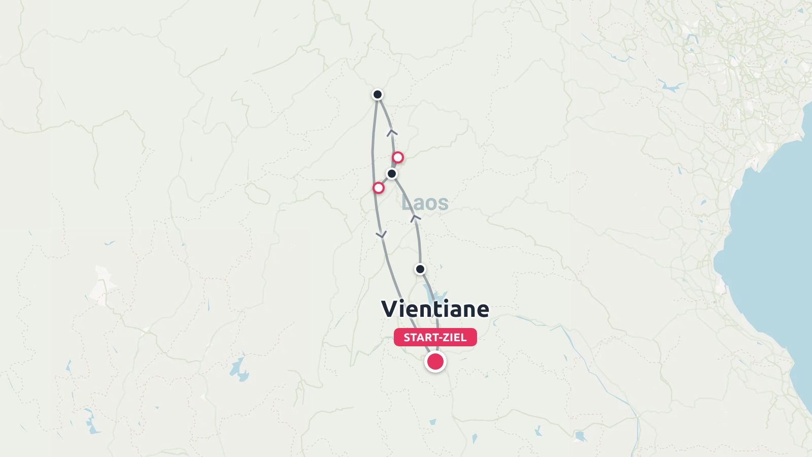 Reiseroute von Laos mit einer Rundreise, die in Vientiane beginnt und endet.