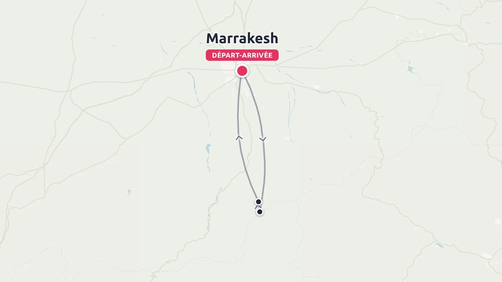 Une carte d'itinéraire de voyage montrant un aller-retour au départ et à l'arrivée à Marrakech avec des flèches directionnelles.