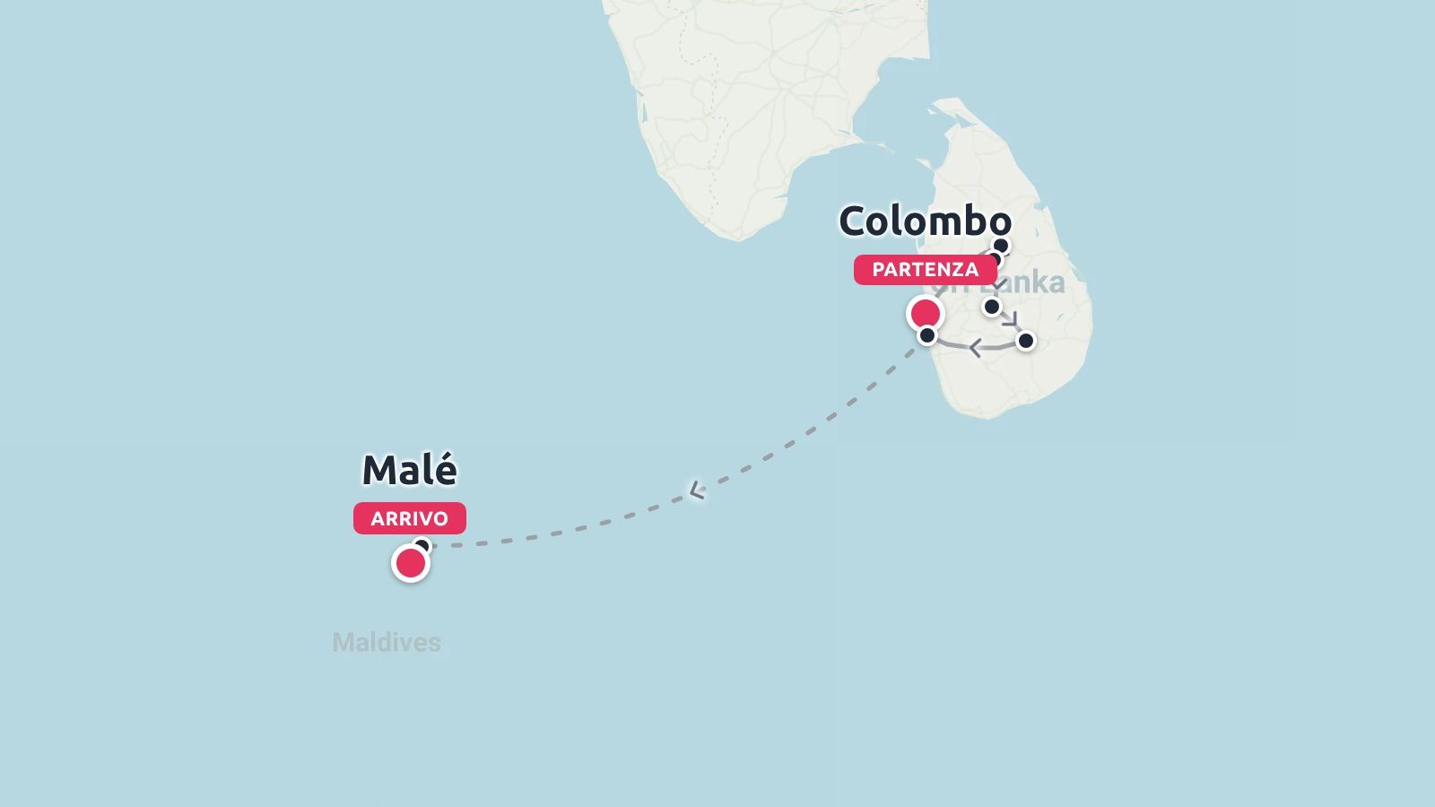 Una mappa dell'itinerario di viaggio che mostra la partenza da Colombo attraverso lo Sri Lanka e l'arrivo a Malé, Maldive