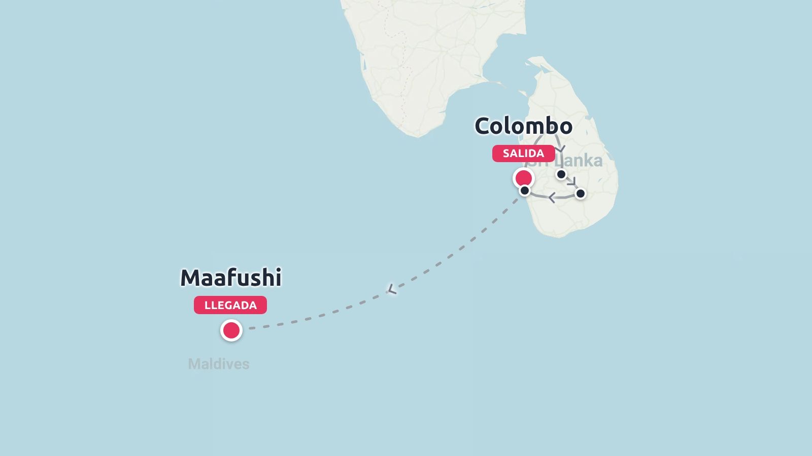 Mapa de viajes que muestra una ruta que comienza en Colombo, Sri Lanka y conduce a Maafushi, Maldivas.