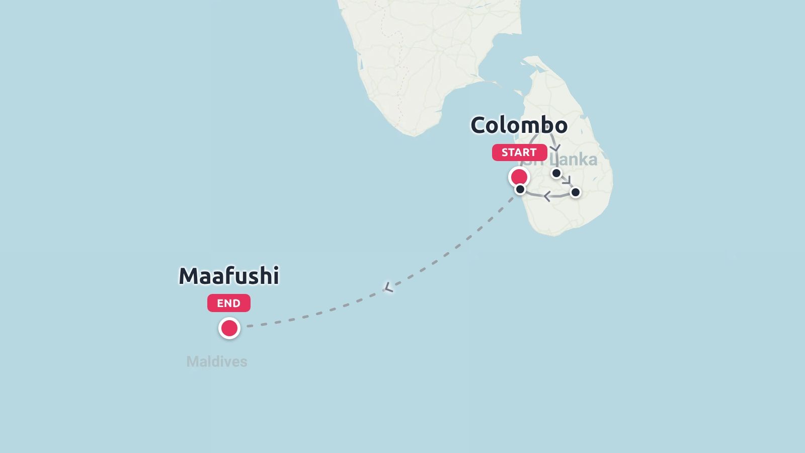 Travel itinerary map showing a route starting in Colombo, Sri Lanka and ending in Maafushi, Maldives.
