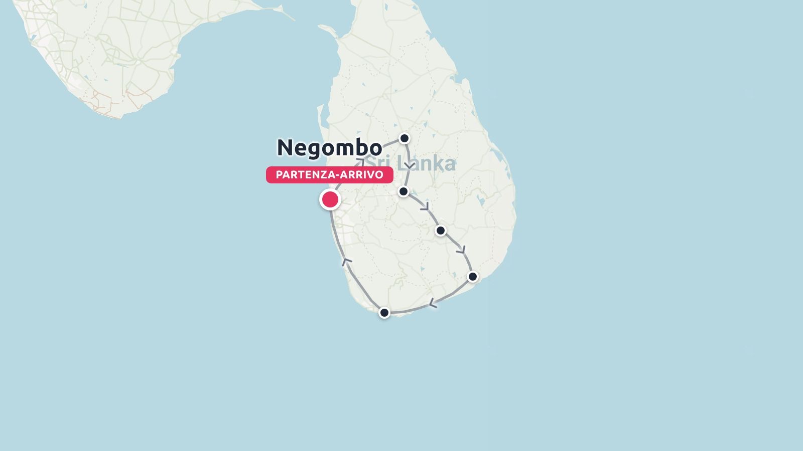 Mappa dell'itinerario di viaggio dello Sri Lanka con un percorso circolare che inizia e finisce a Negombo