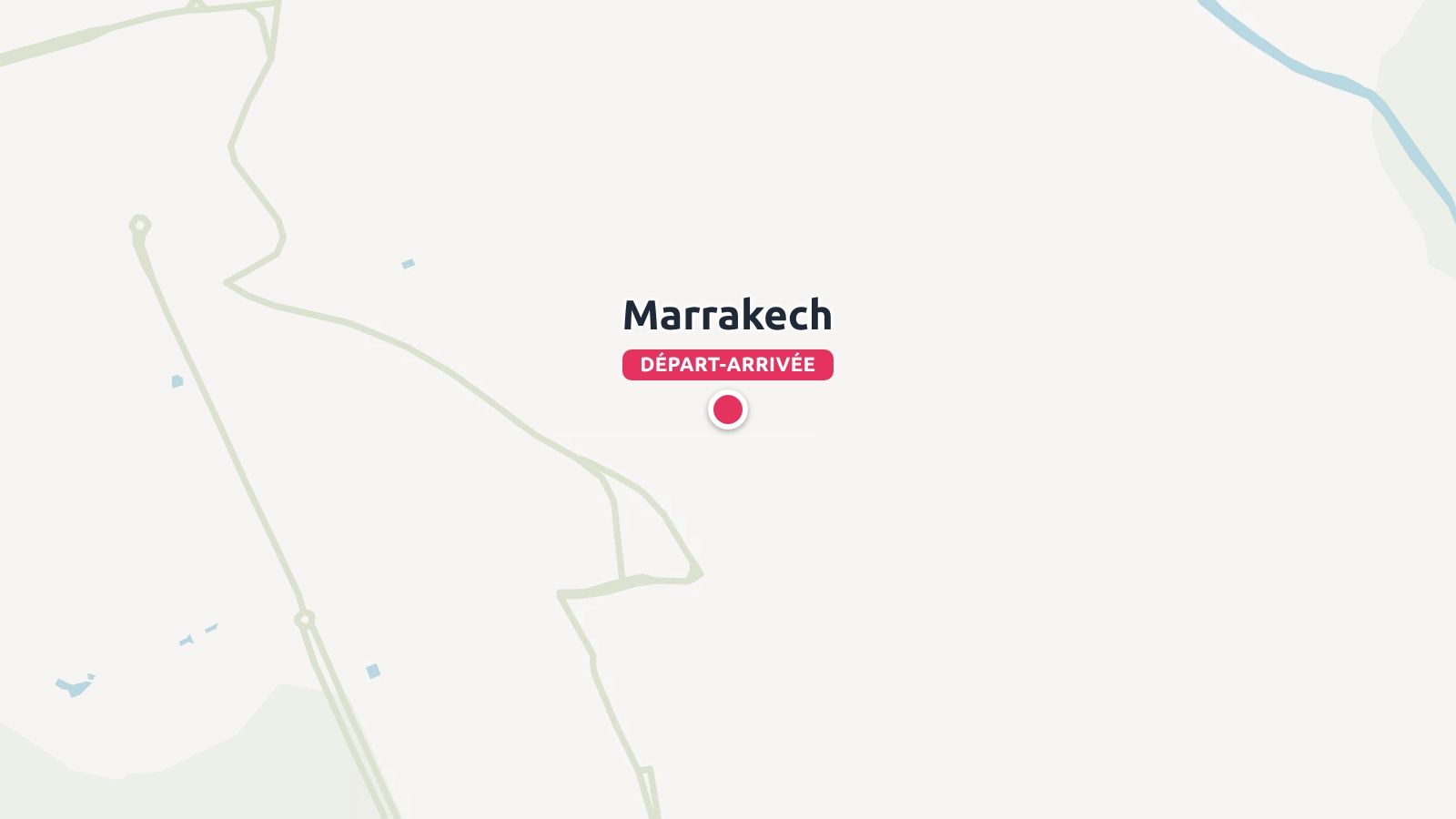 Une carte minimaliste montrant une épingle de localisation rouge étiquetée Marrakech avec une étiquette départ-arrivée.