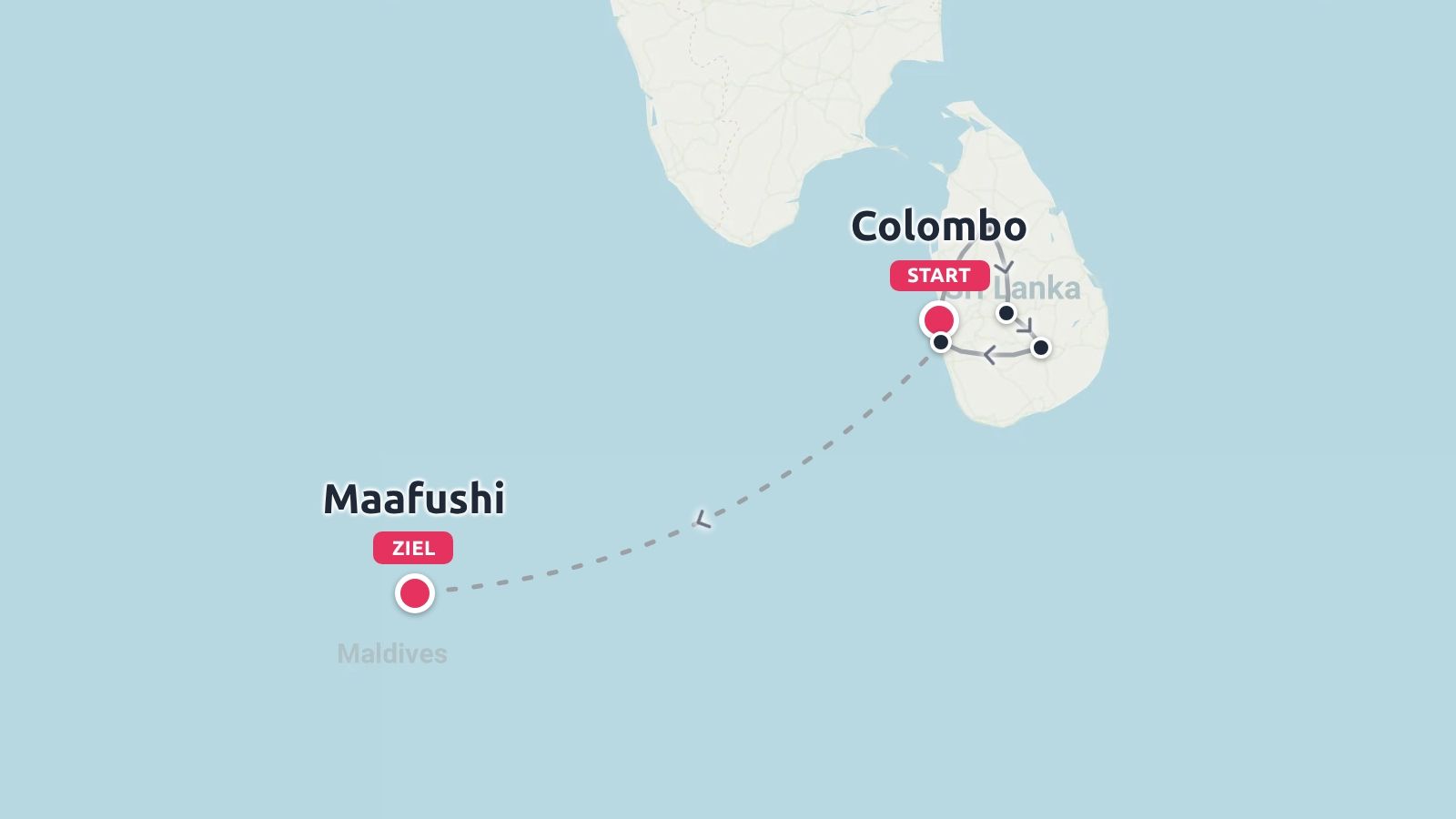 Reiseroute mit einer Reiseroute, die in Colombo, Sri Lanka beginnt und in Maafushi, Malediven endet.