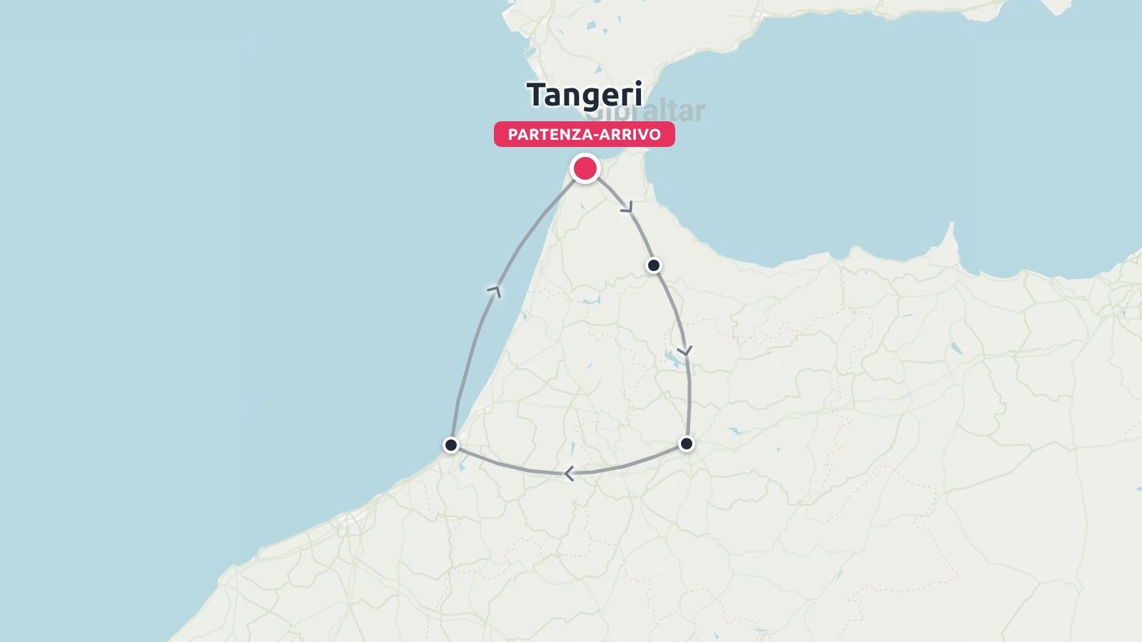 Una mappa del percorso di viaggio che illustra un itinerario circolare con partenza e arrivo a Tangeri.