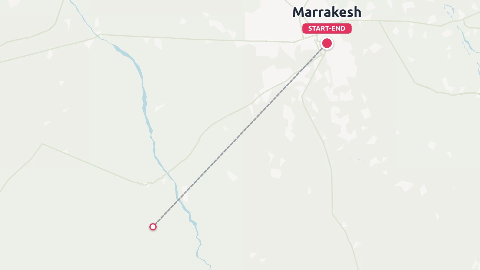 A travel route map displaying a dashed trajectory line connected to Marrakesh labeled as start and end point.