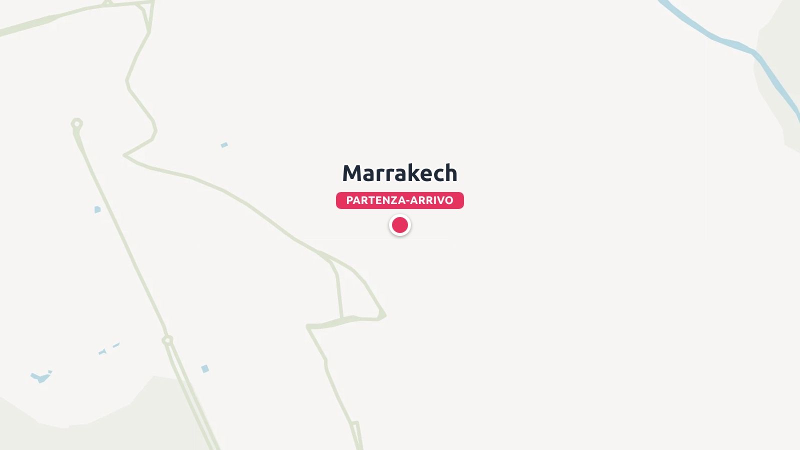 Una mappa minimalista di Marrakech con un marcatore rosso che indica i punti di partenza e arrivo