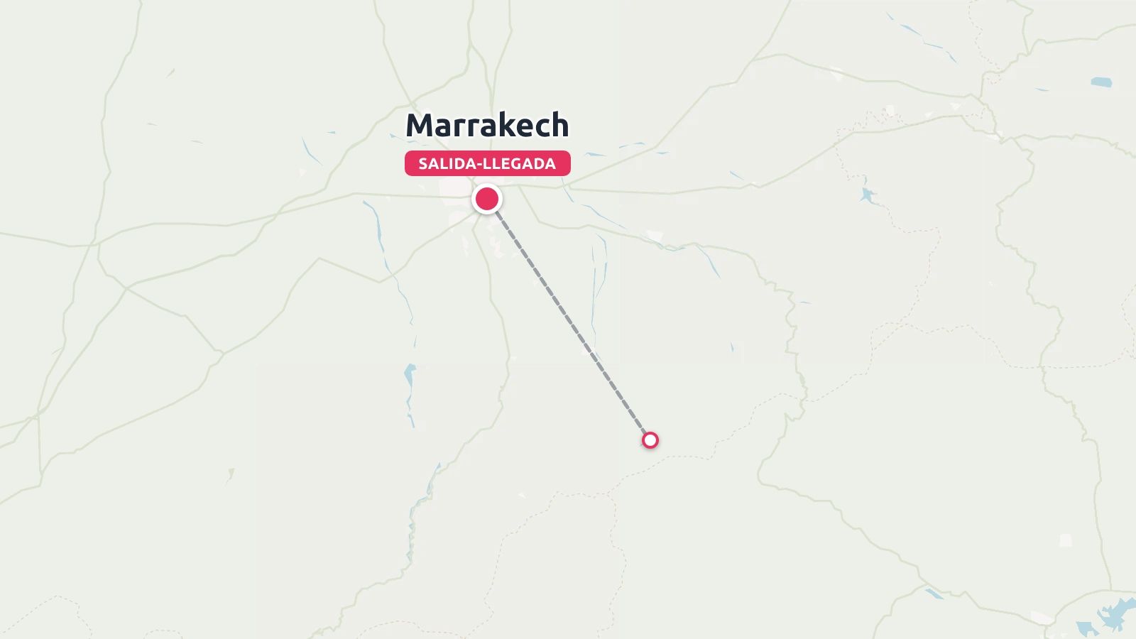 Mapa de ruta de viaje que muestra una línea discontinua que conecta Marrakech con un punto de destino hacia el sureste