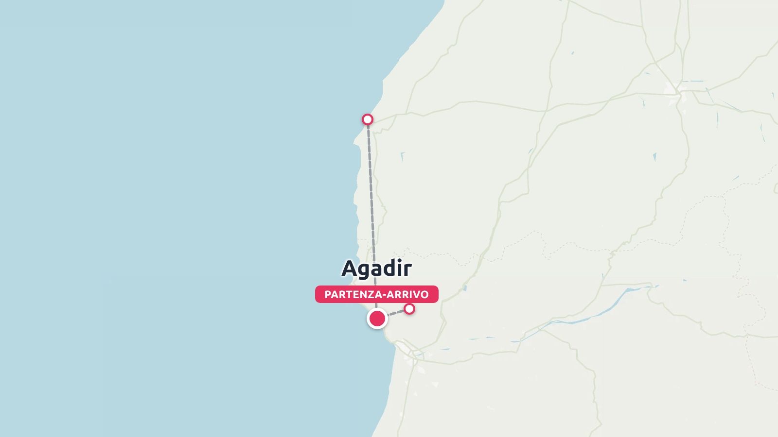 Mappa dell'itinerario di viaggio lungo la costa con punto di partenza e arrivo ad Agadir.