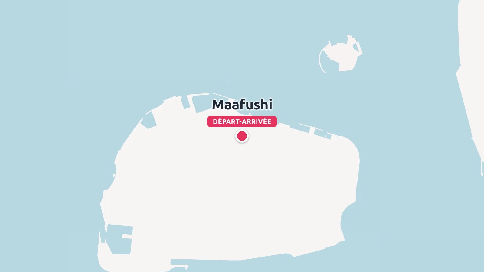 Une carte simplifiée de l'île de Maafushi avec un repère de départ et d'arrivée rouge au centre