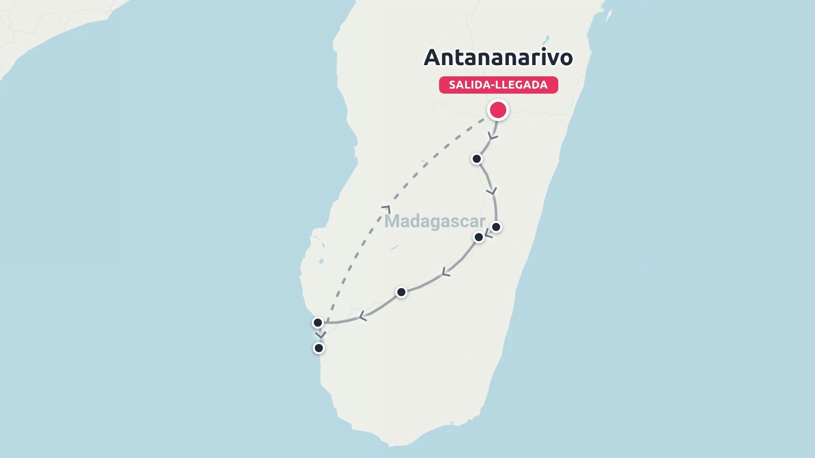 Mapa de ruta de viaje por Madagascar que ilustra un itinerario de ida y vuelta que empieza y termina en Antananarivo.