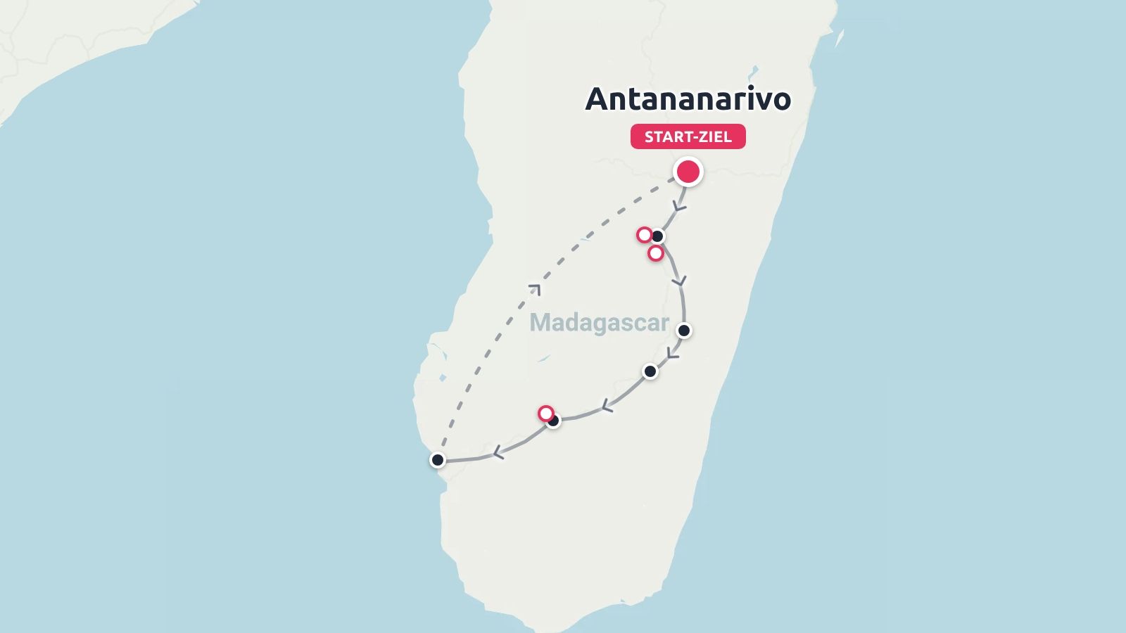 Eine Reiseroute für Madagaskar mit Start und Ende in Antananarivo und markierten Stopps entlang einer südlichen Schleife