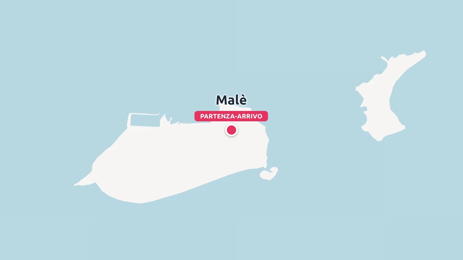 Una mappa dell'itinerario di viaggio che mostra l'isola di Malè con un punto di partenza e di arrivo.