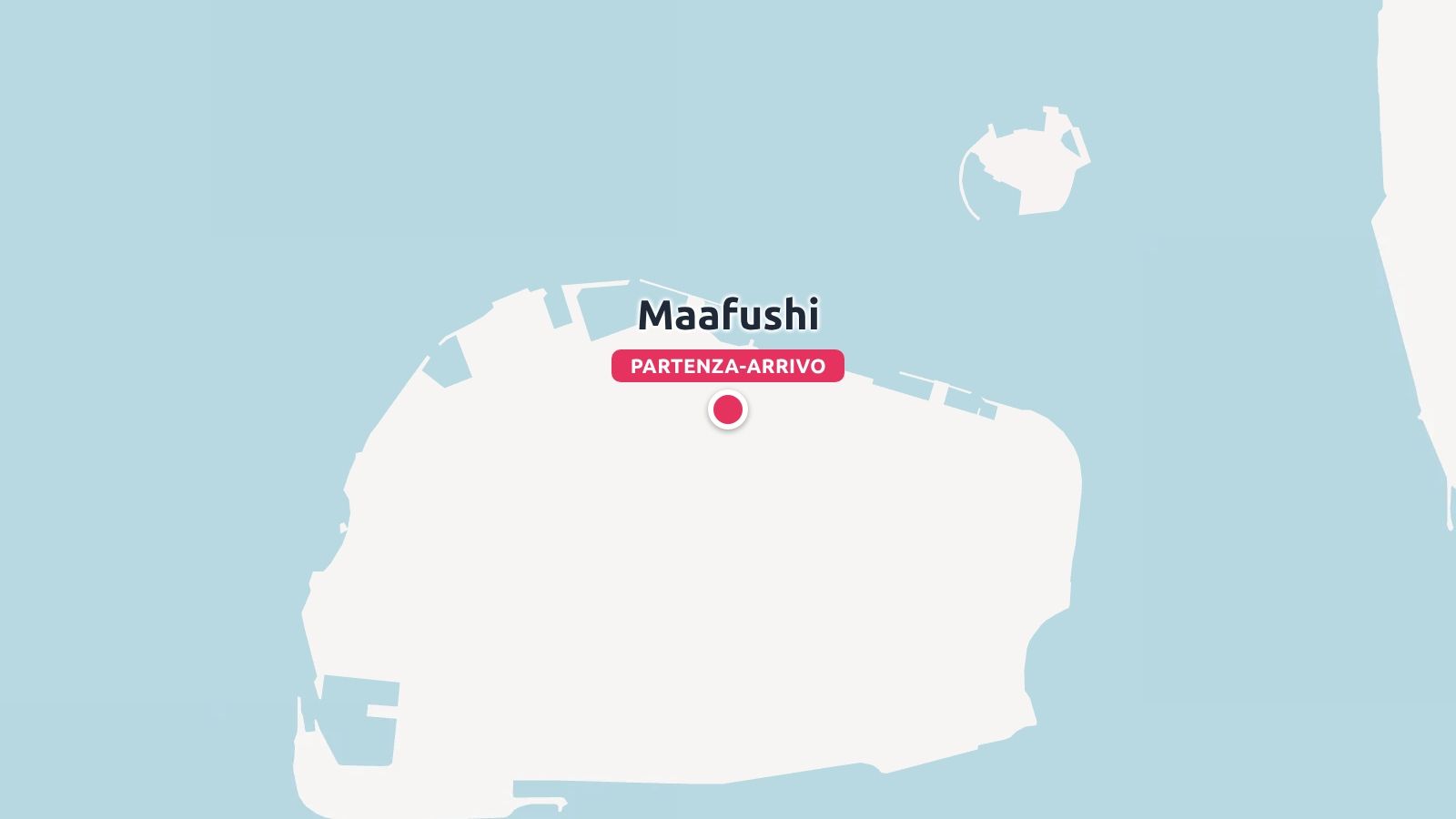 Una mappa di viaggio dell'isola di Maafushi che mostra un segnaposto per la posizione di partenza e arrivo.